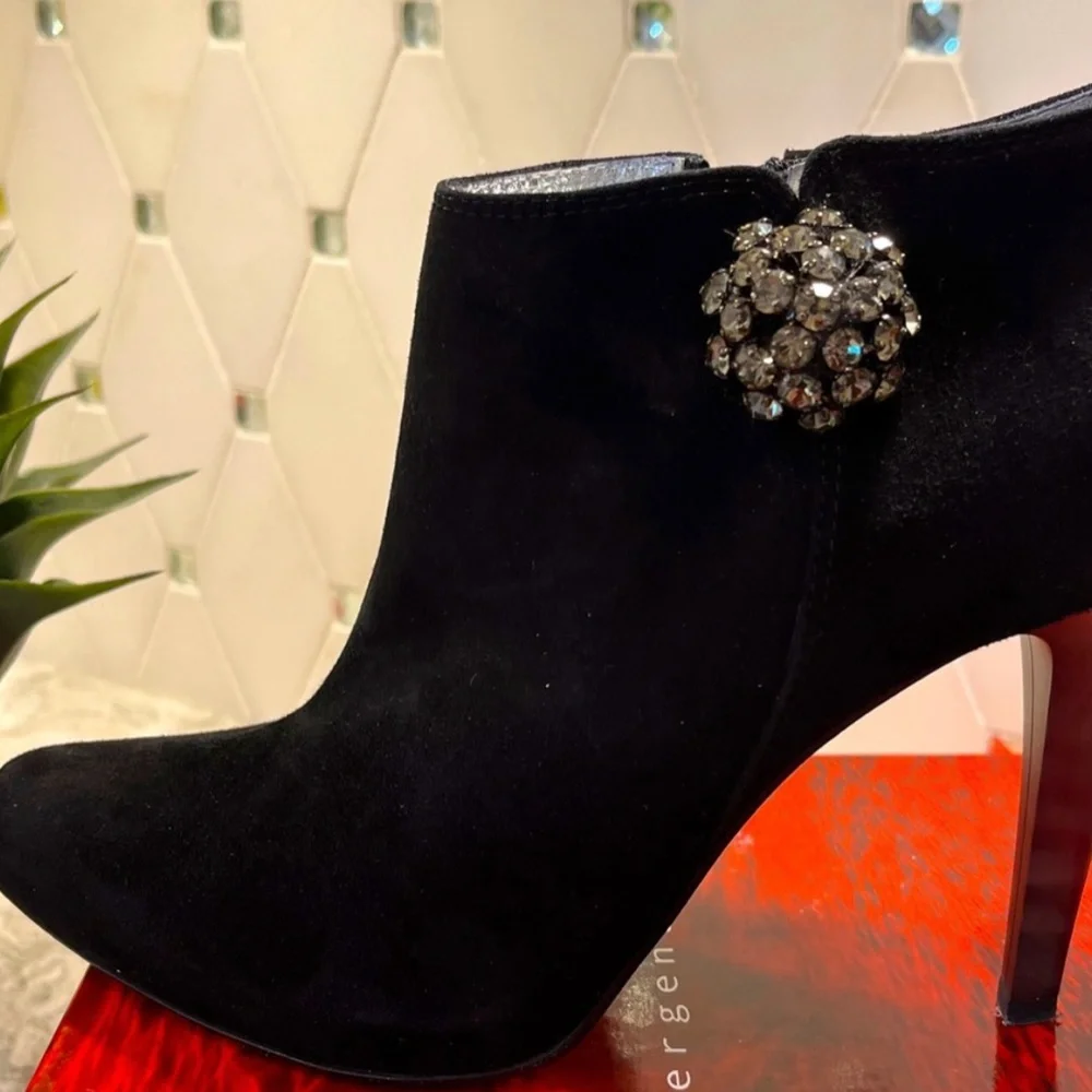 NIB Vintage Italian Swarovski Crystal Suede Ankle Boots Heels Sz 39 - Picture 2 of 11